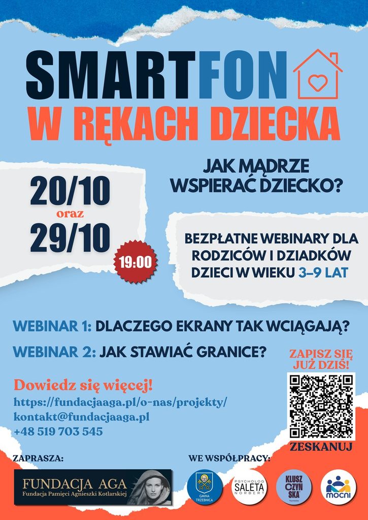 Plakat wydarzenia „Smartfon w rękach dziecka – jak mądrze wspierać dziecko?” – webinary 20 i 29 października o 19:00, organizowane przez Fundację AGA.